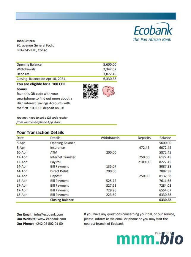 Szablon wyciągu bankowego Komorów w programie Word i PDF